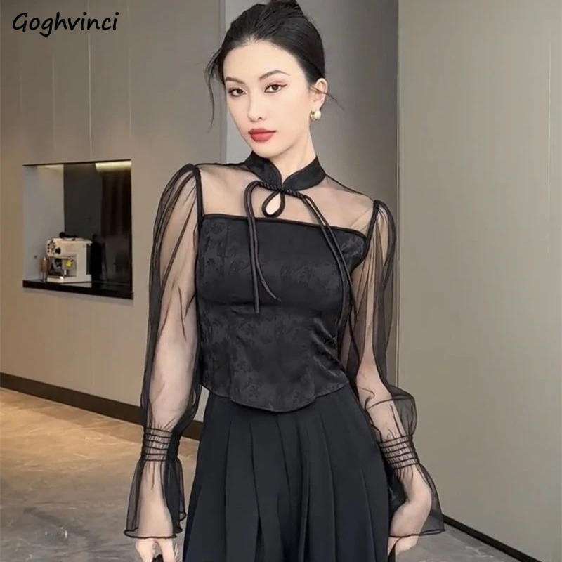 

Black Sexy Blouses Women See-through Mesh Patchwork Long Sleeve Slim Tops Chinese Style Vintage Chic Buckles Spicy Girls Special