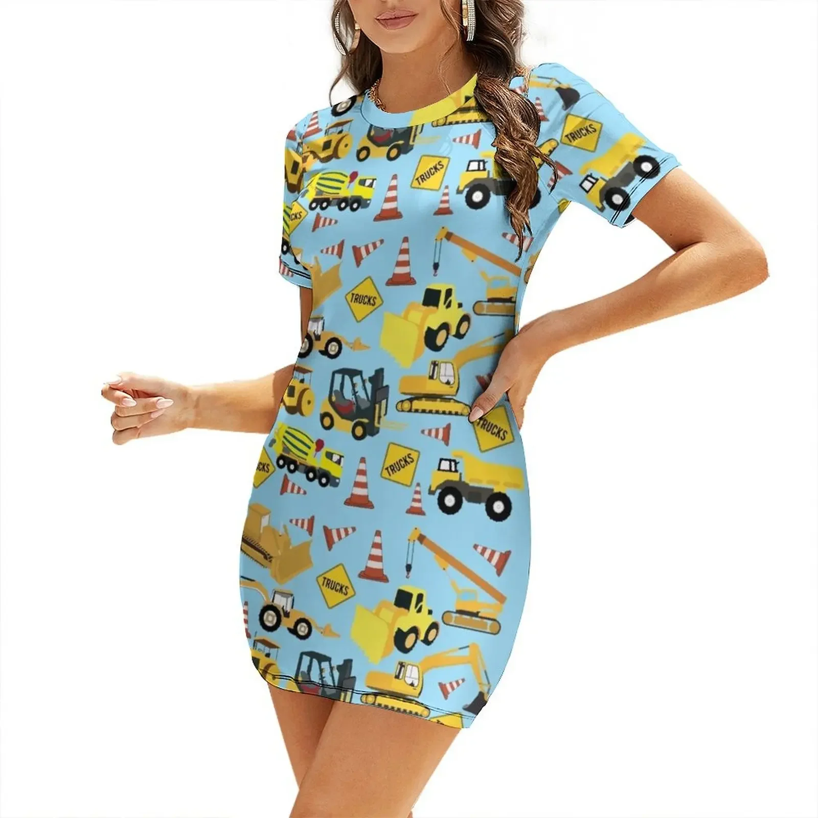 

Construction Trucks Vehicles Pattern - Excavator, Backhoe and more. Short-Sleeved Dress dresses for womens Dress