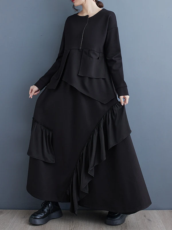High Waist A-Line  Skirt Women's Dark Style Retro City Commute Friendly Skirt Elegant Slimming Trendy Long Skirt
