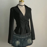 Harajuku Women's Shirt Unique Aesthetic Solid Color Slim Fit Sexy Y2K Girls Tie-Waist Gothic Street Style Casual V-Neck Tops 5