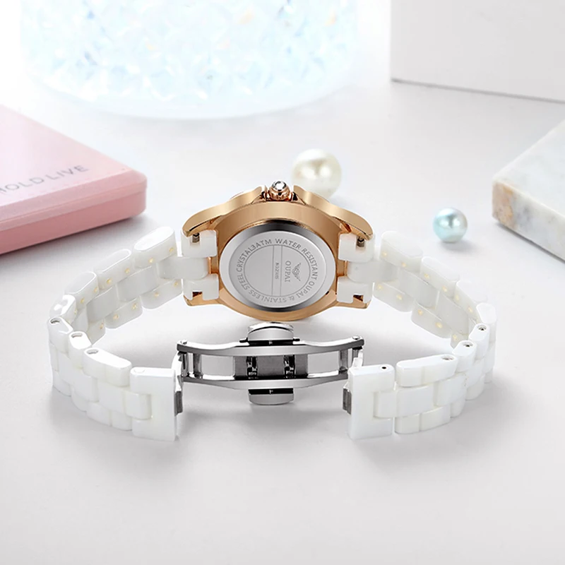OUPAI-Reloj de esfera redonda para mujer, accesorio de cerámica con diamantes de imitación, exquisito, luminoso, resistente al agua, calendario semanal, a la moda y elegante