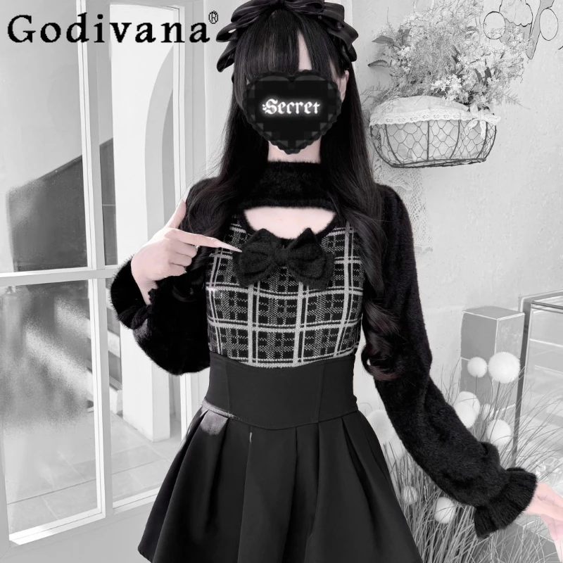 

Japanese Mine Mass-Produced Sweet Lolita Sweater Autumn New Girl's Women Cute Big Bow Knitted Pullover Tops High-Waisted Skirt