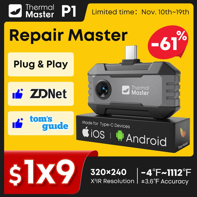 كاميرا حرارية P1 1112 ℉ لهواتف ios وAndroid، دقة 320*240X3IR، تصوير حراري للفحص المنزلي #1