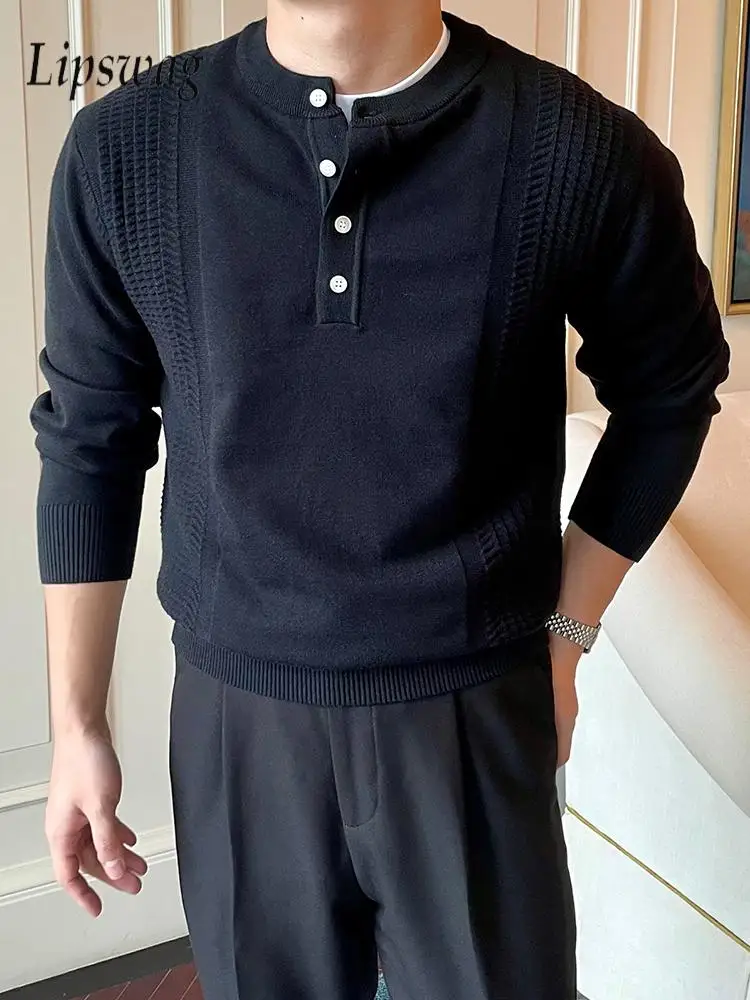 

Stylish Mens Slim Henley Shirts Knitting Solid Color Long Sleeve Buttoned O Neck Sweaters Autumn Winter Men Casual Knit Jumpers
