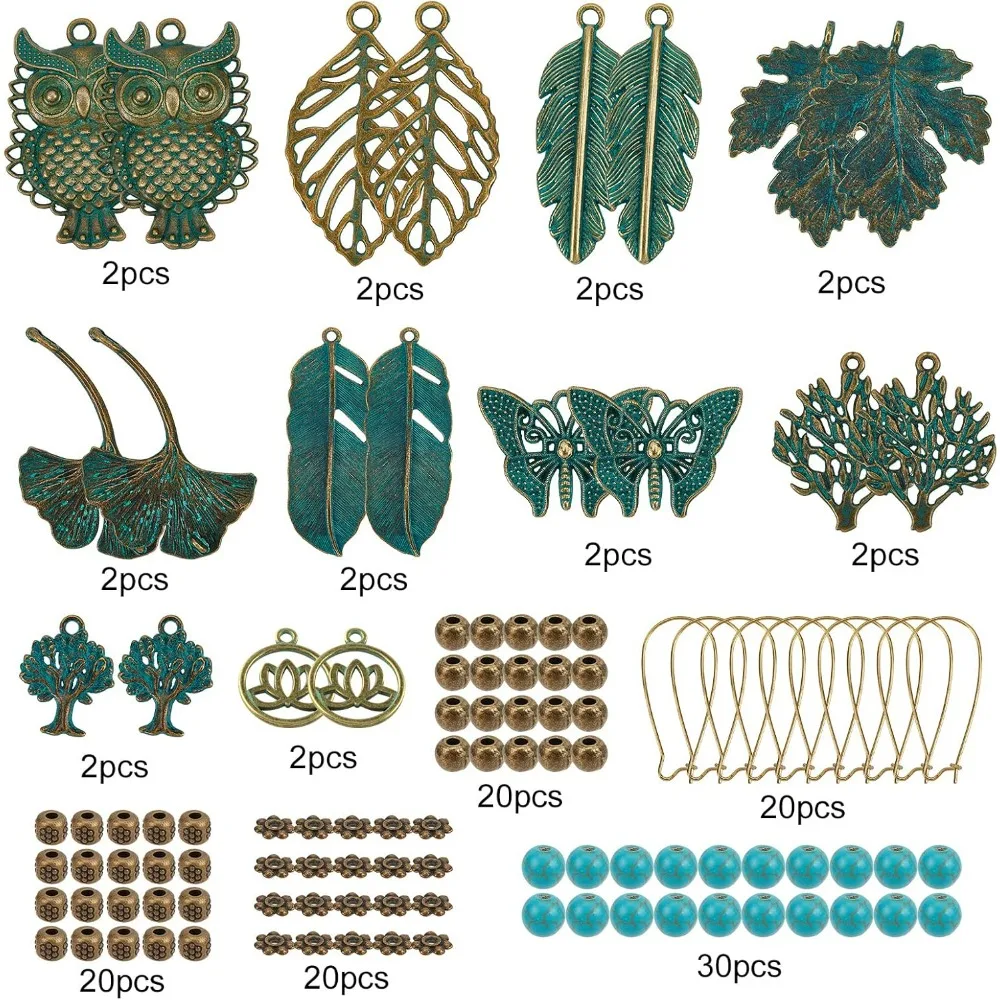 1 Box DIY 10 Pairs Green Patina Vintage Hollow Bohemian Dangle Earrings Making Kit Turquoise Drop Earrings Set Bronze Tree Leaf