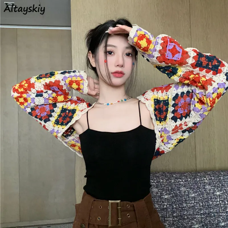 Cropped Cardigans for Women Vintage Knitting Chic Hollow Out Temper Korean Style Rainbow Spring Gentle Ladies Casual Popular New