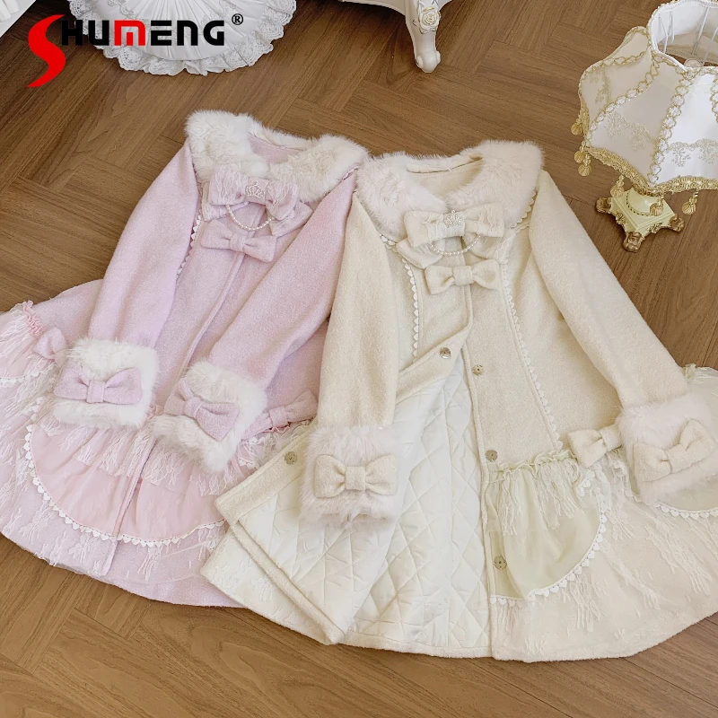

Autumn Winter New 2025 Japanese Cute Girls Sweet Lolita Long Jacket Women's Slim Fit Elegant Fur Collar Woolen Coats Overcoat