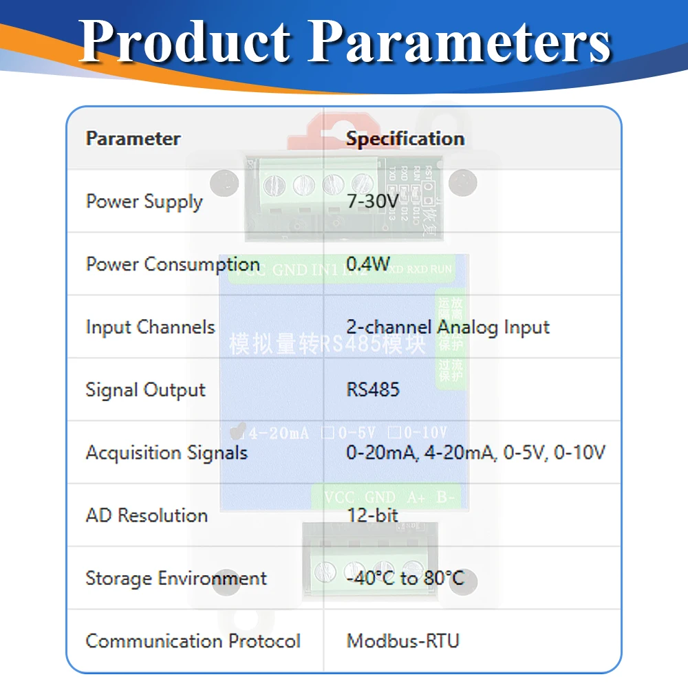Moduł konwersji analogowy 4-20mA 0-5V 0-10V na RS485 Modbus RTU protokół 2 4 8 kanałowy cyfrowy moduł transformacji RS485 — zdjęcie 4