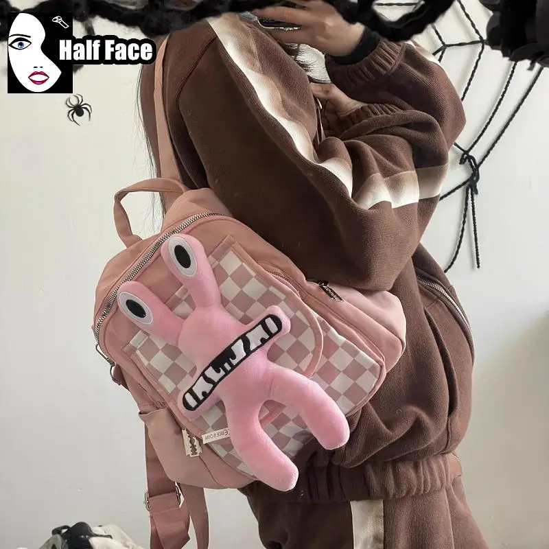 Y2K Girl Harajuku Women Bookbag Gothic Lolita Punk Furry Schoolbag Large Capacity Nylon Backpack Cute Wool Two Shoulder Bag Tote