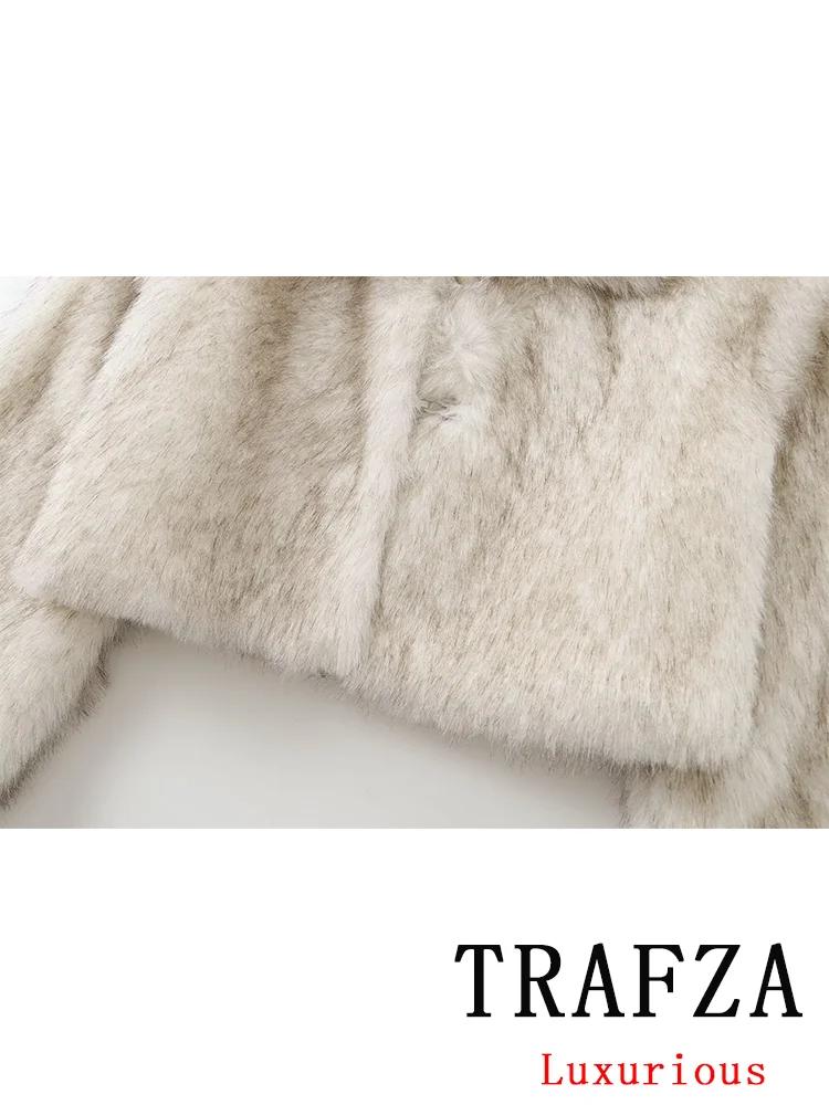 TRAFZA Vintage Chic Women Fur Jackets Solid Long Sleeve Turn-down Collar Short Coats New Fashion 2024 Autumn Winter Outwears