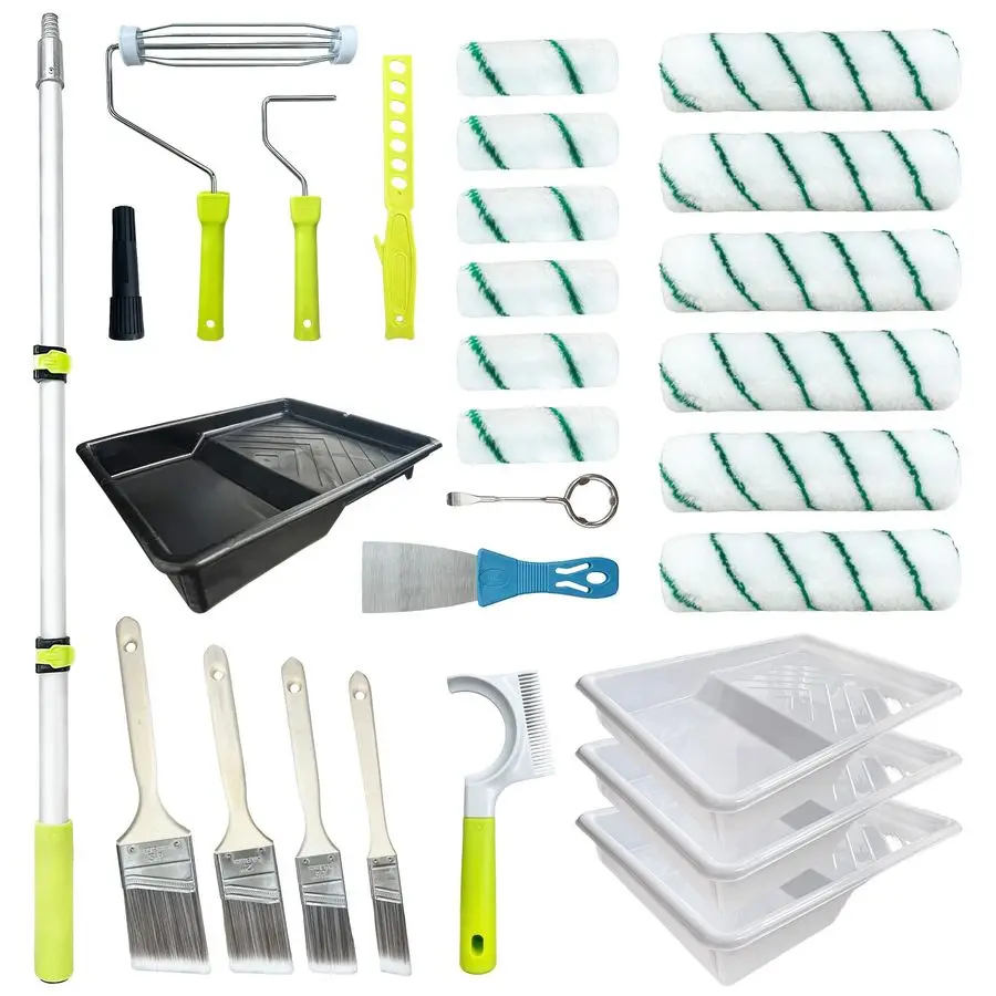 

Набор валиков для покраски с удлинительной ручкой, 28 предметов, 24-футовая ручка, 49 валиков, очиститель для валиков, набор кистей для профессионалов