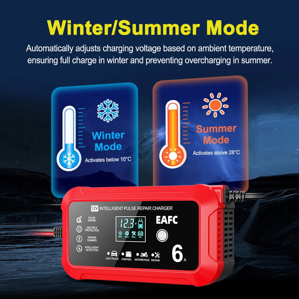 EAFC 12 فولت 6A شاشة كبيرة شاحن بطارية ذكي صيانة نبض إصلاح Desulfator لسيارة شاحنة SUV دراجة نارية AGM هلام البطارية #6