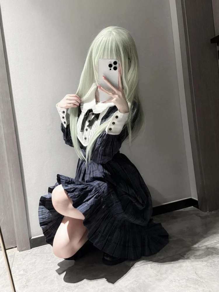 Japanische Plaid Patchwork Lolita Frauen Kleid Y2k Ästhetische Puppe Kragen A-linie Grunge Kleider Harajuku Vintage ​ Fee Vestidos