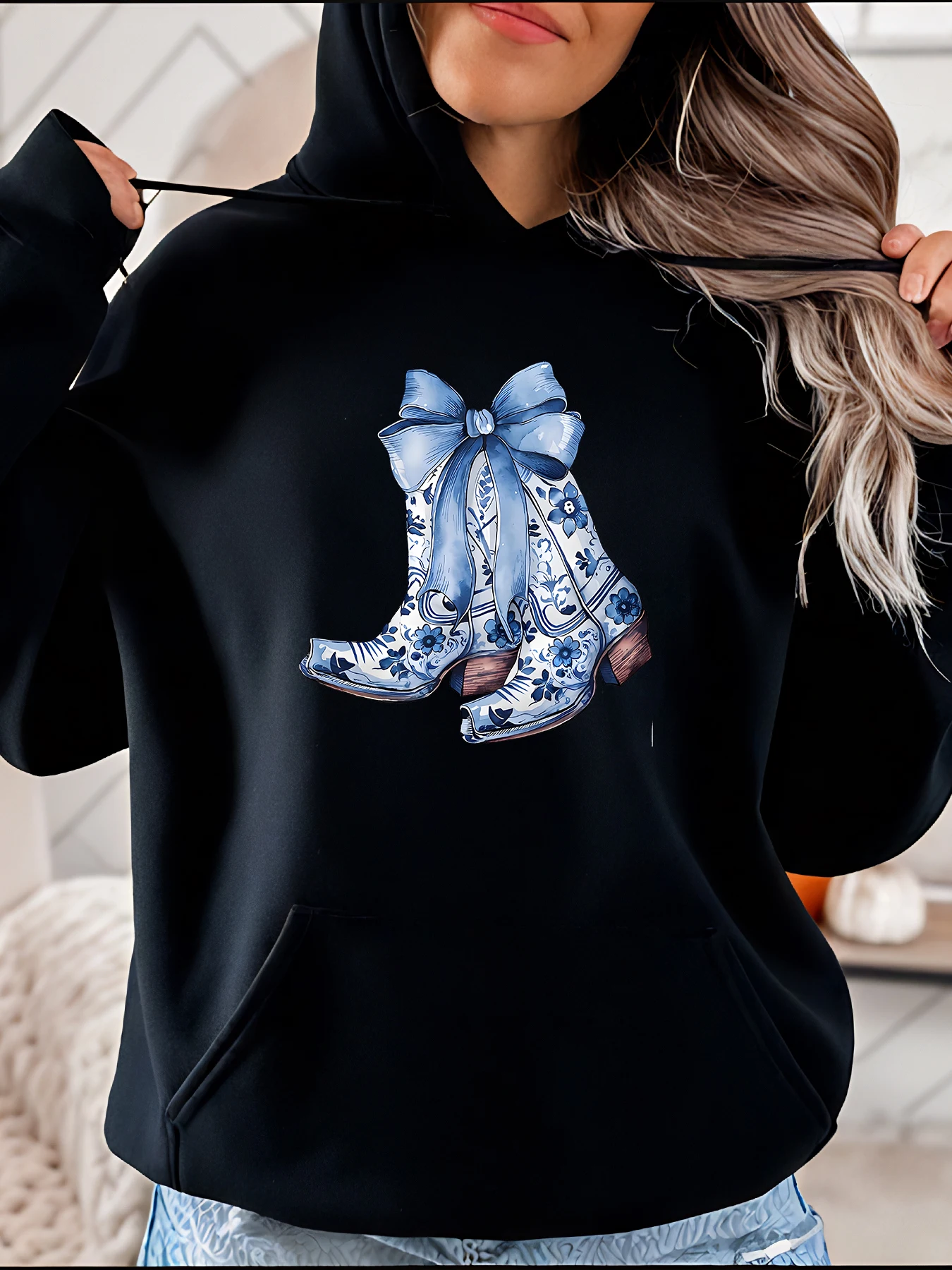 

Women's Black Hoodie with Blue Floral Cowboy Boots Print Casual Western Style Sweatshirt for Autumn Winter Fashion