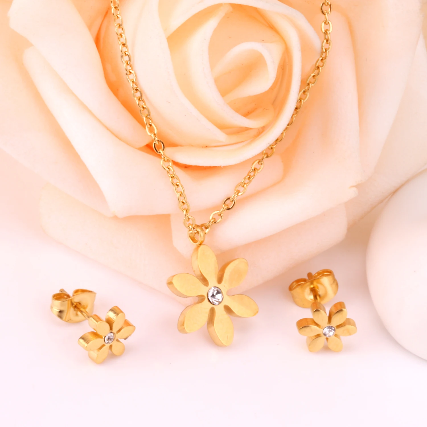 Mini Cute Necklace Earrings Sets For Women Girls Stainless Steel Star Plants Animals Cat Flowers Butterfly Pendant Rolo Chain