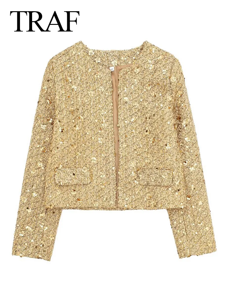 TRAF Vintage Casual Chic Women Jackets Sequins O-Neck Open Stitch Long Sleeve Coats New Fashion 2024 Spring Holiday Coats