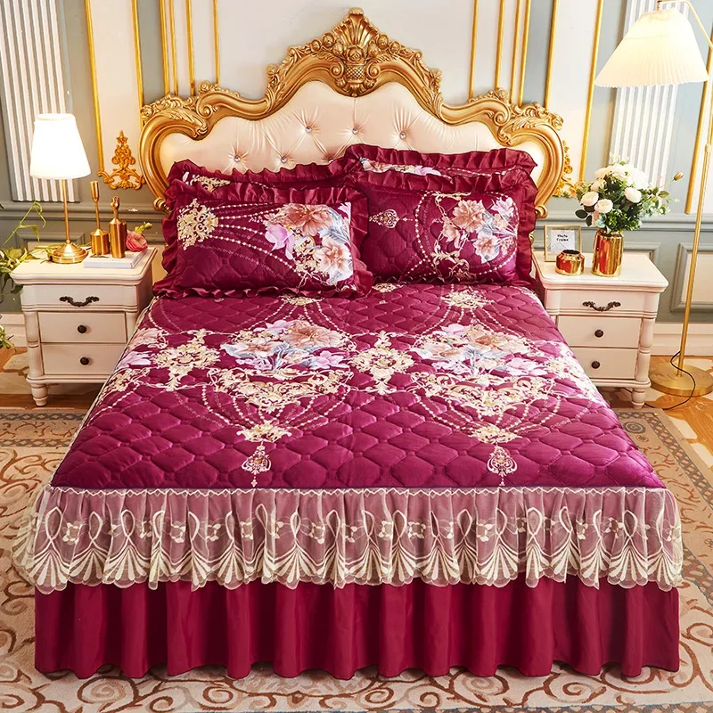 Winter Thick Cotton Milk Velvet Bed Cover Princess Style Warm and Cold proof Skirt Bed Cover Single Piece