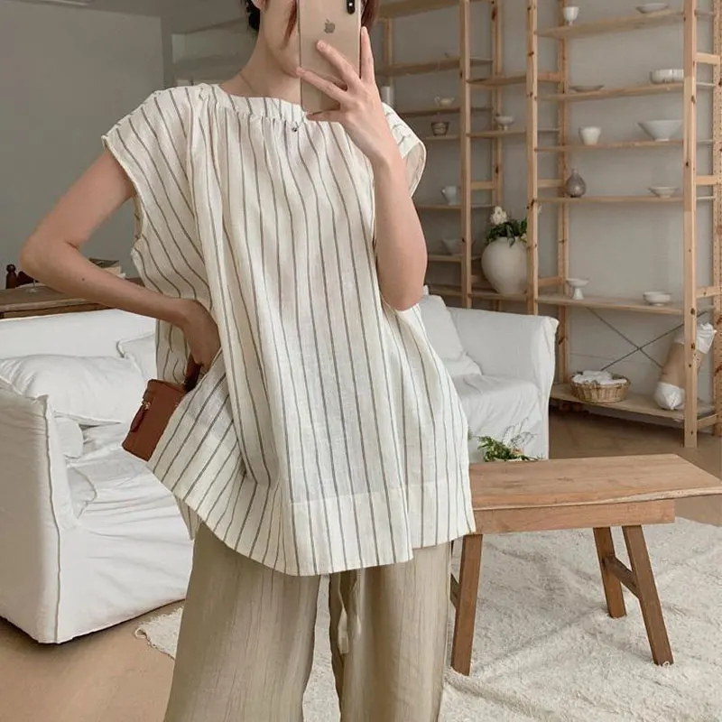 Casual Korean Striped Blouse Women's Clothing Sleeveless Loose Summer Commute Fashionable Spliced Basic O-Neck Vintage Shirts