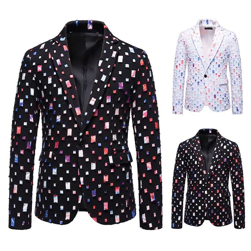 Mens Suit Blazer Men Casual Colourful Suits Holes Design Stage Jacket Male Blazers Coat Single Button Coats B07