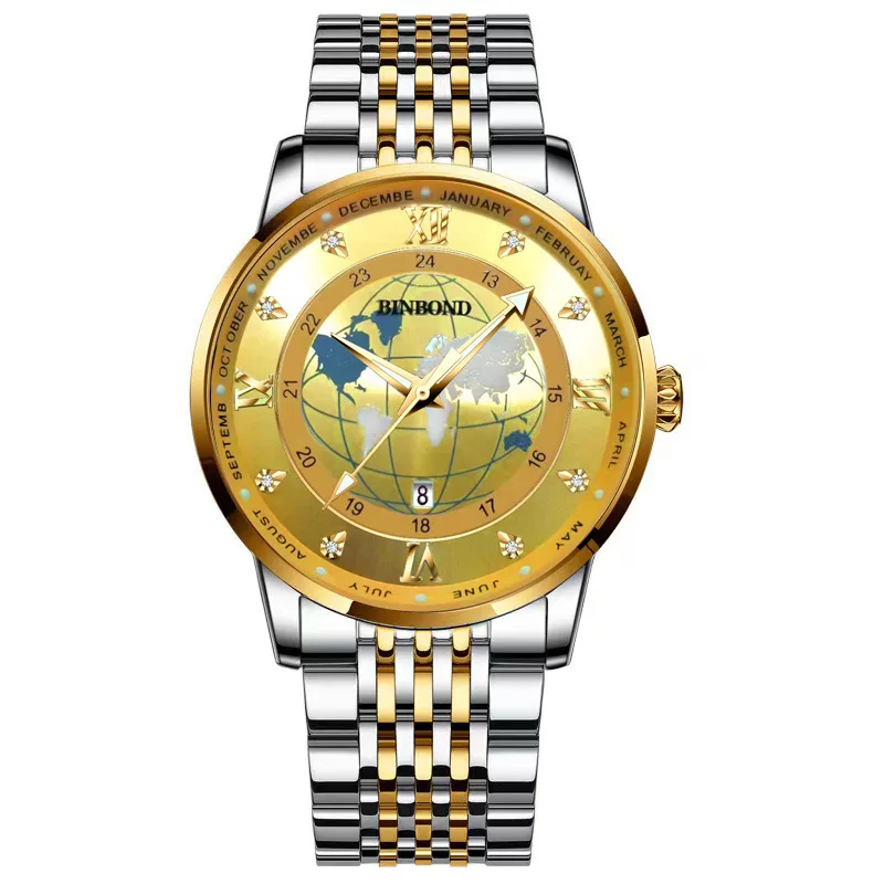 BINBOND Luxury World Map Men Quartz Watches For Men Business Stainless Steel Waterproof Wristwatch Fashion Men Wrist Watches