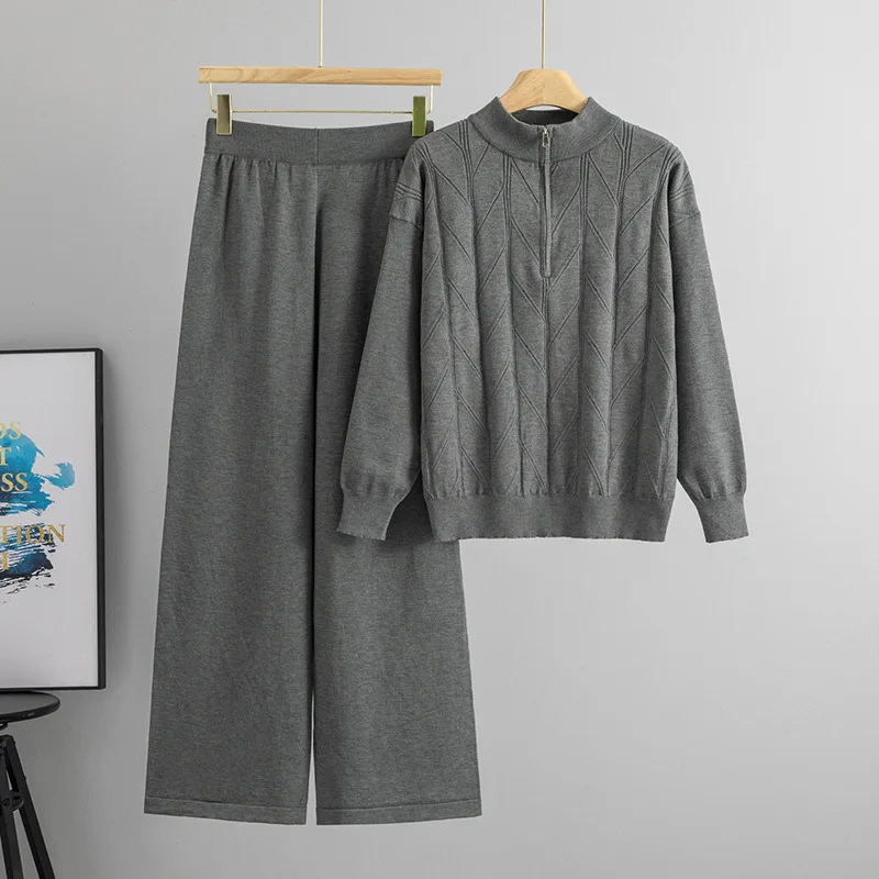 Pullover Sweater Women 2 Piece Set Knitted Top Wide Leg Pants Outfits Zipper Autumn Winter Jumper Suit Knit Trousers Ensemble
