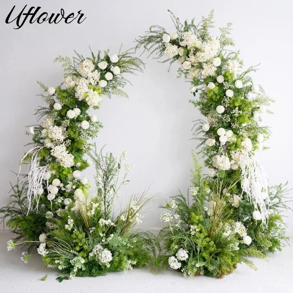 Uflower Green Plant Leaf White Rose Flower Row Wedding Backdrop Horn Arch Stand Decor Stage Aisle Floor Flower Arrangement Prop