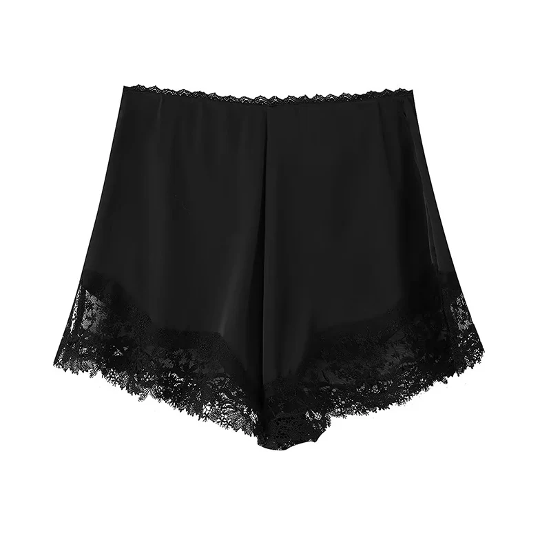 Frauen 2-teiliges Set Herbst Einfarbig V-ausschnitt Ärmellose Spitze Dekoration Halter Top + Einreiher Dünne Shorts Weibliche Casual set