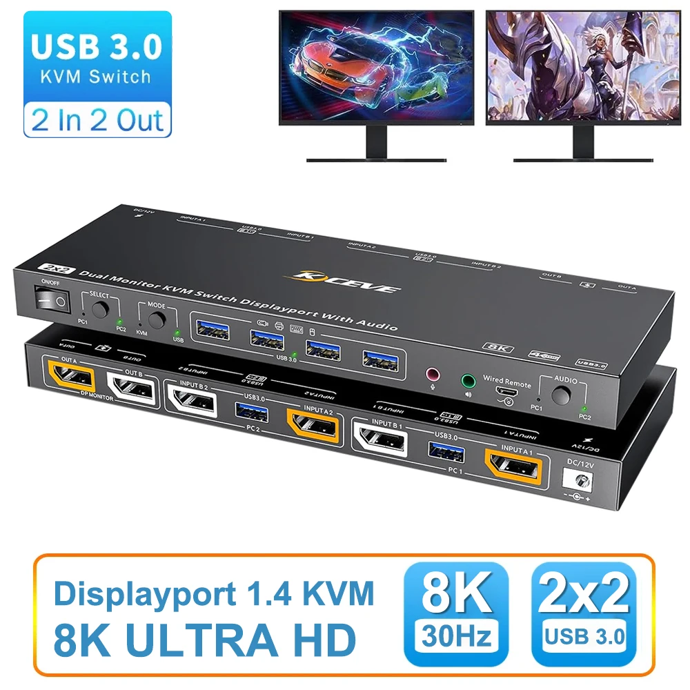 Voice Controlled Dual Monitor KVM Switch , KVM Switch with Audio and 4 USB 3.0 Port Support KVM and USB Mode for Keyboard Mouse