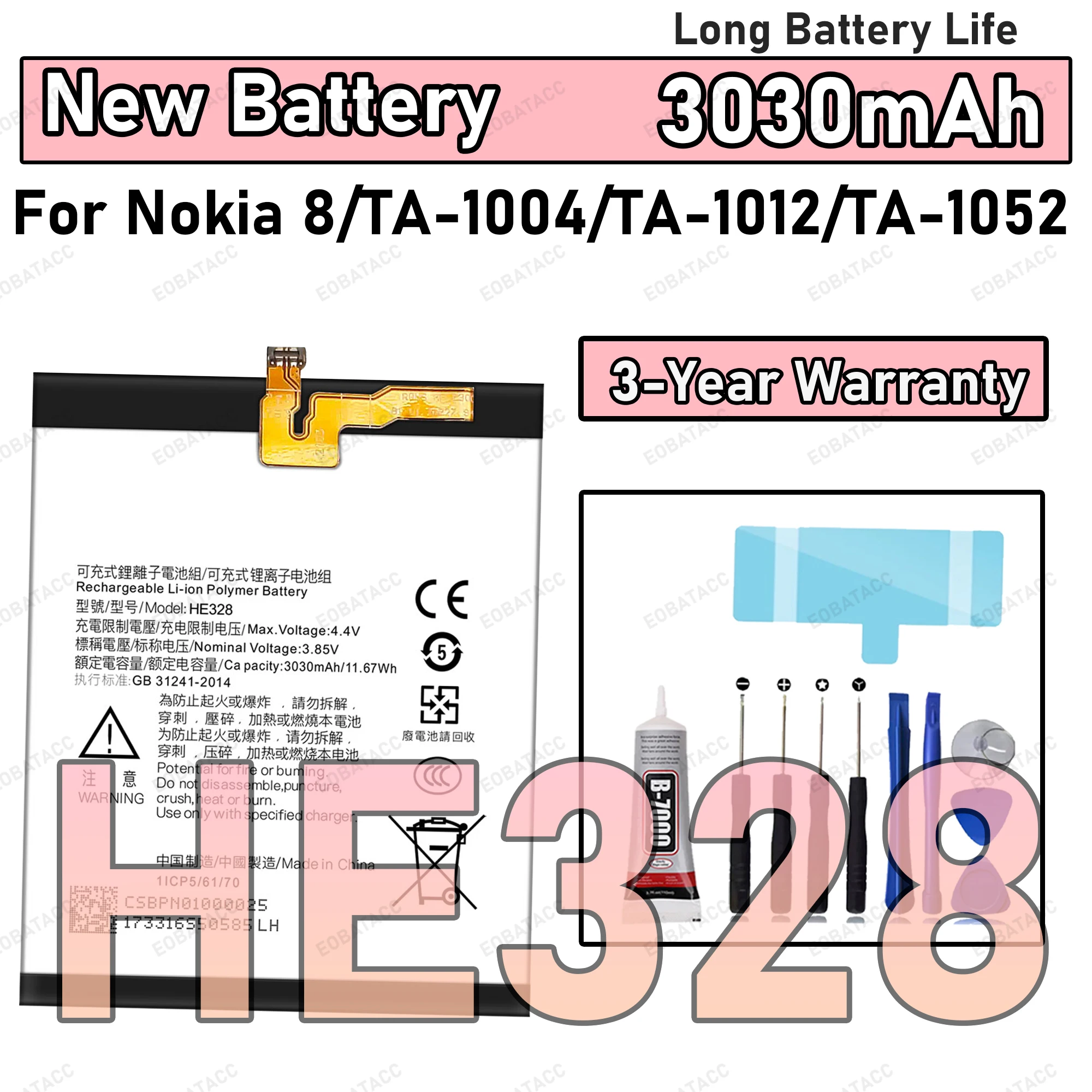 

100% New Zero Cycle HE328 Battery for Nokia 8/TA-1004/TA-1012/TA-1052 Mobile Phone Batteries+Free Tools