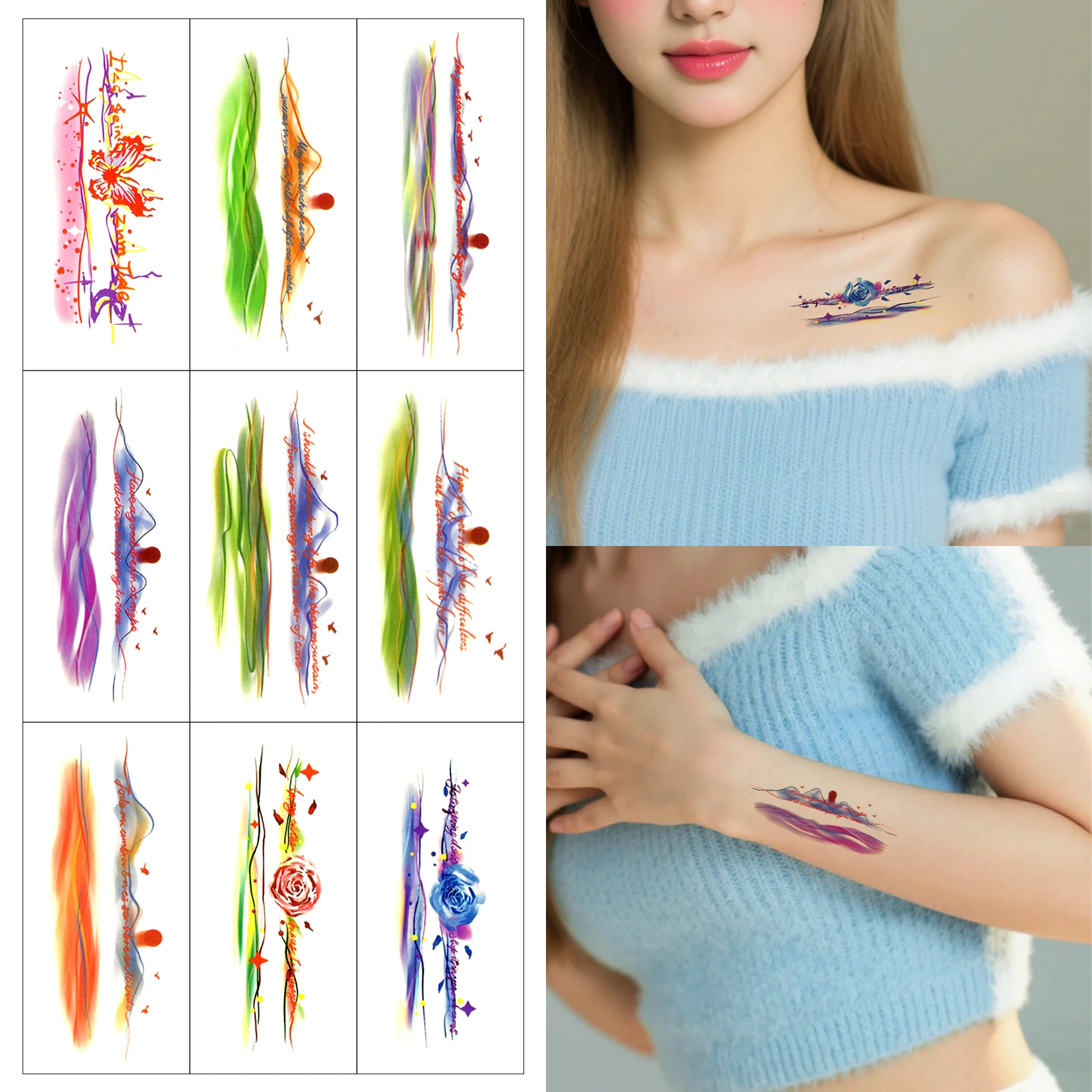 

9 листов акварельной живописи, татуировки, наклейки для рук, рук, боди-арта, украшения, поддельные татуировки, наклейки с цветами, одноразовая татуировка 스티커