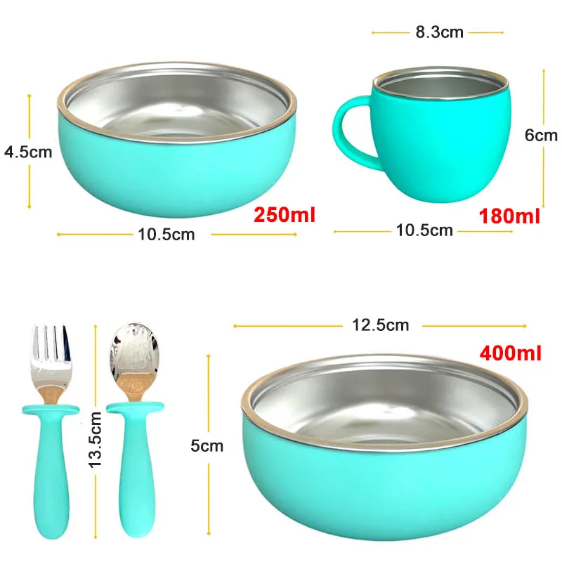 5Pcs Stainless Steel Baby Tableware Feeding Bowl Silicone Bowl Set Stainless Steel Spoon Fork With Silicone Handle Cup For Kids