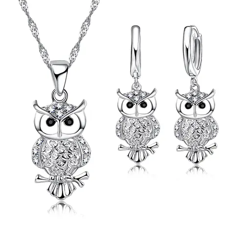 Shining Full African AAA Crystal Owl Pendant Necklace Earrings Sets Women Best Gifts 925 Sterling Silver Color Party Accessory