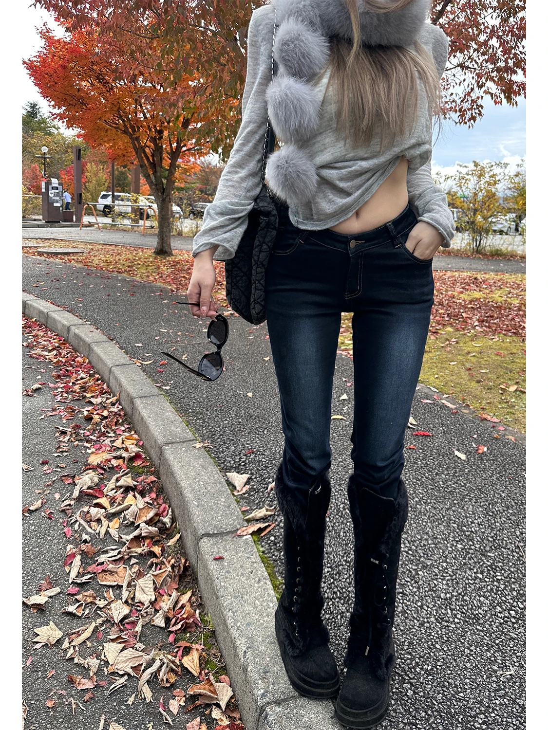 

Джинсы женские Xinlei Lin в стиле Харадзюку, слегка приправленные, винтажные, синие, с широкими съемными штанинами, для похудения, модные джинсовые брюки