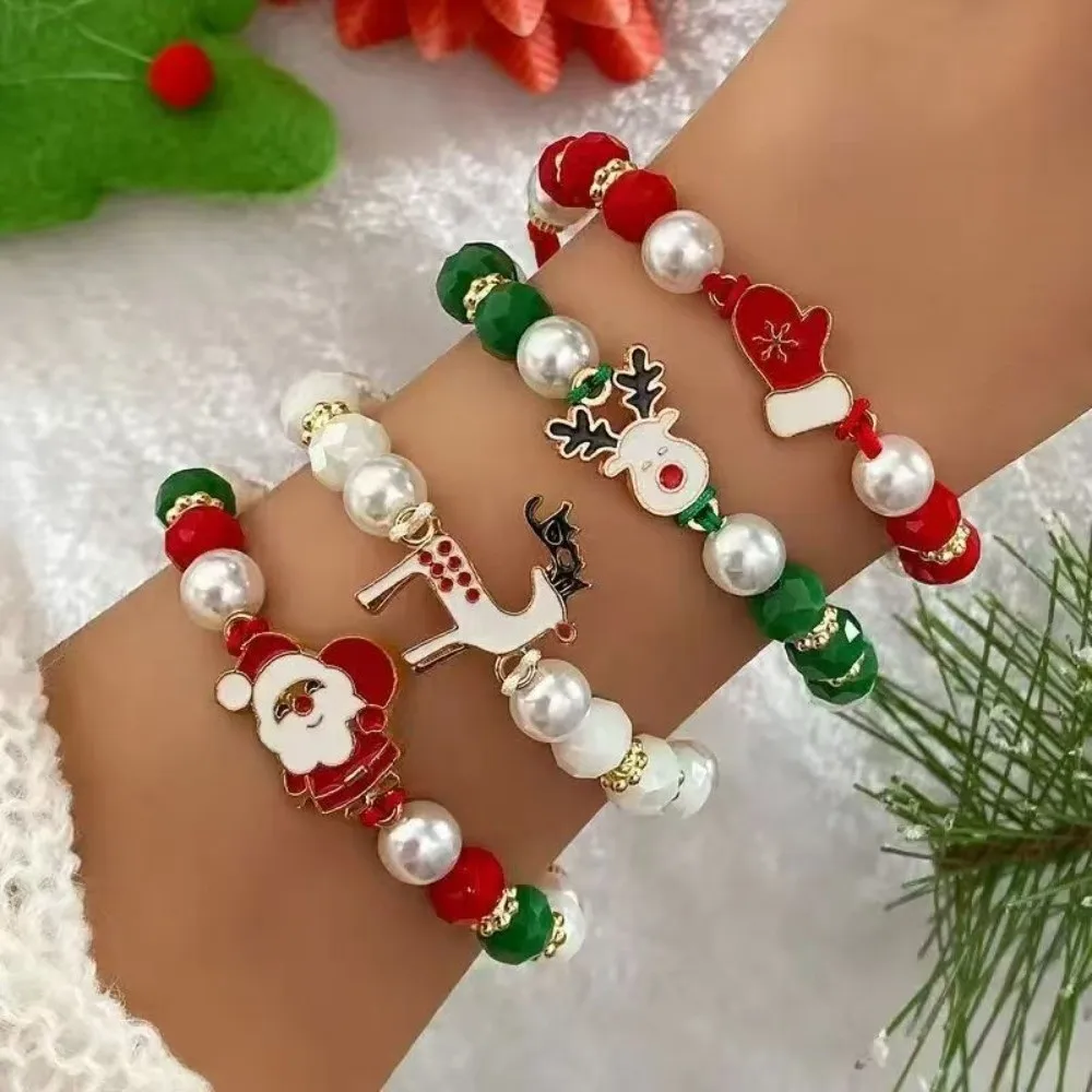 4‑piece set Reindeer Christmas Charm Bracelet Santa Claus Christmas Styled Soft Ceramic Bracelets Imitation Pearl Bracelet Women