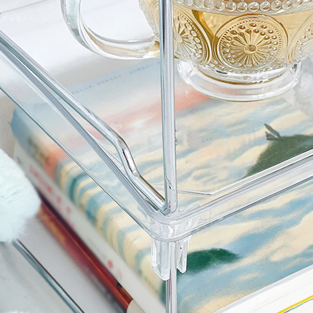 Estante plegable acrílico transparente de 1 pieza, estante de almacenamiento de escritorio apilable y multicapa, adecuado para oficina, estudio, dormitorio