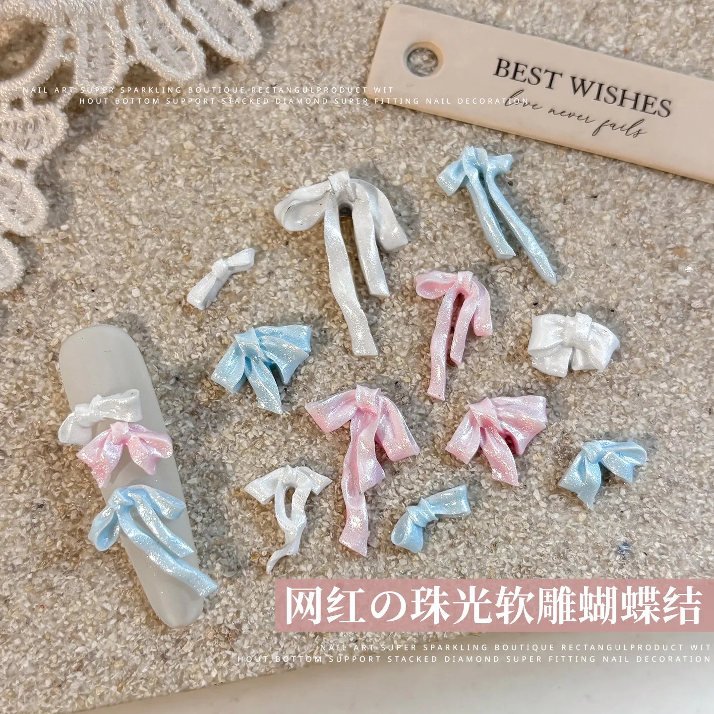 Nieuwe zachte gesneden strik nagelaccessoires gemengd roze blauw lint stropdas nageldecoraties