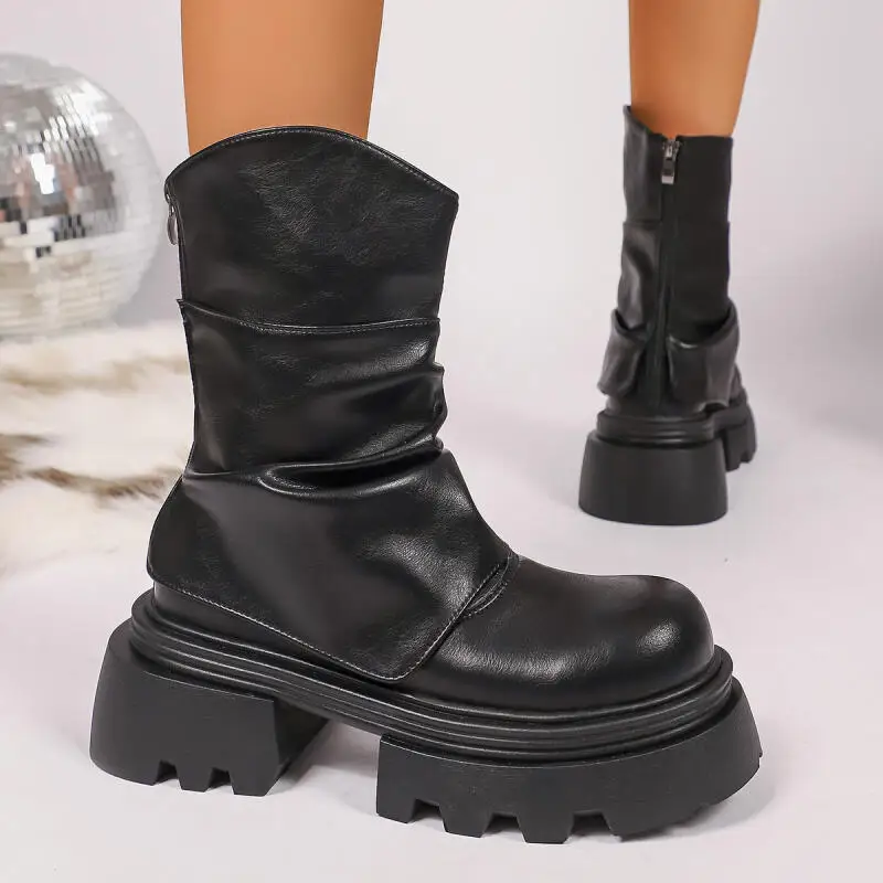 

Женские кожаные ботильоны на массивной платформе в стиле панк, зима 2025, короткие ботинки на толстой подошве, увеличивающие рост, женская дизайнерская обувь Y2K