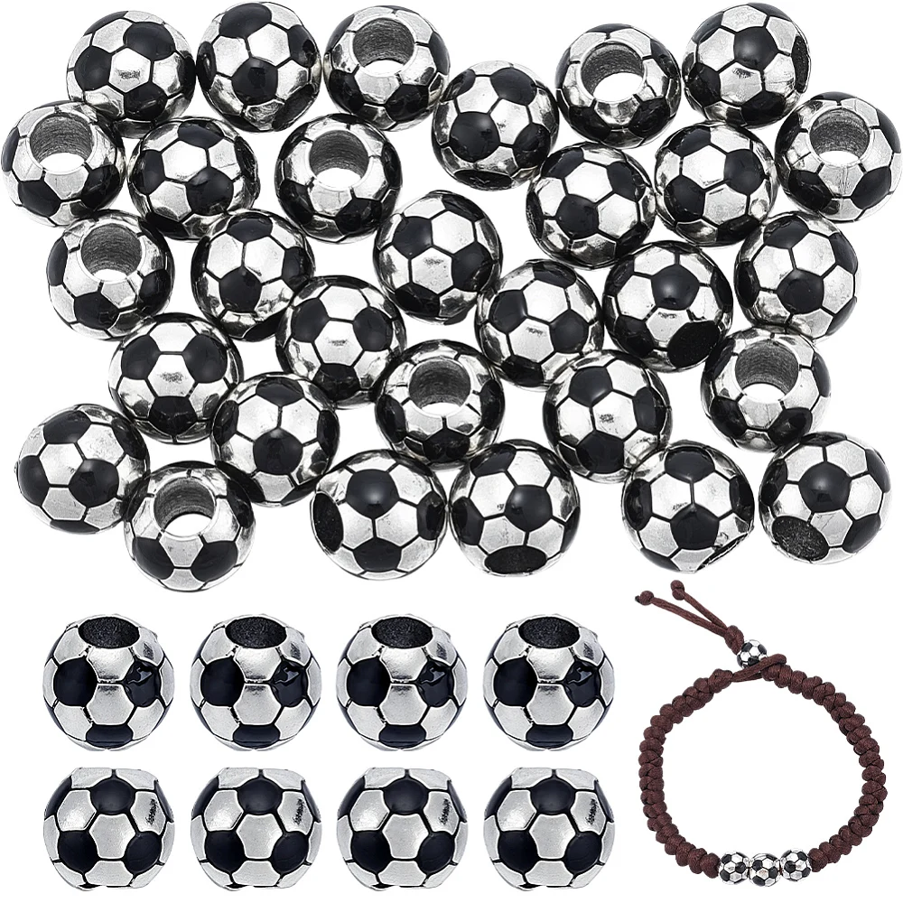 30Pcs Silver Soccer Ball Bead Large Hole Spacer Bead 10mm Metal European Beads for Sprot Supplies Bracelet Jewelry Making