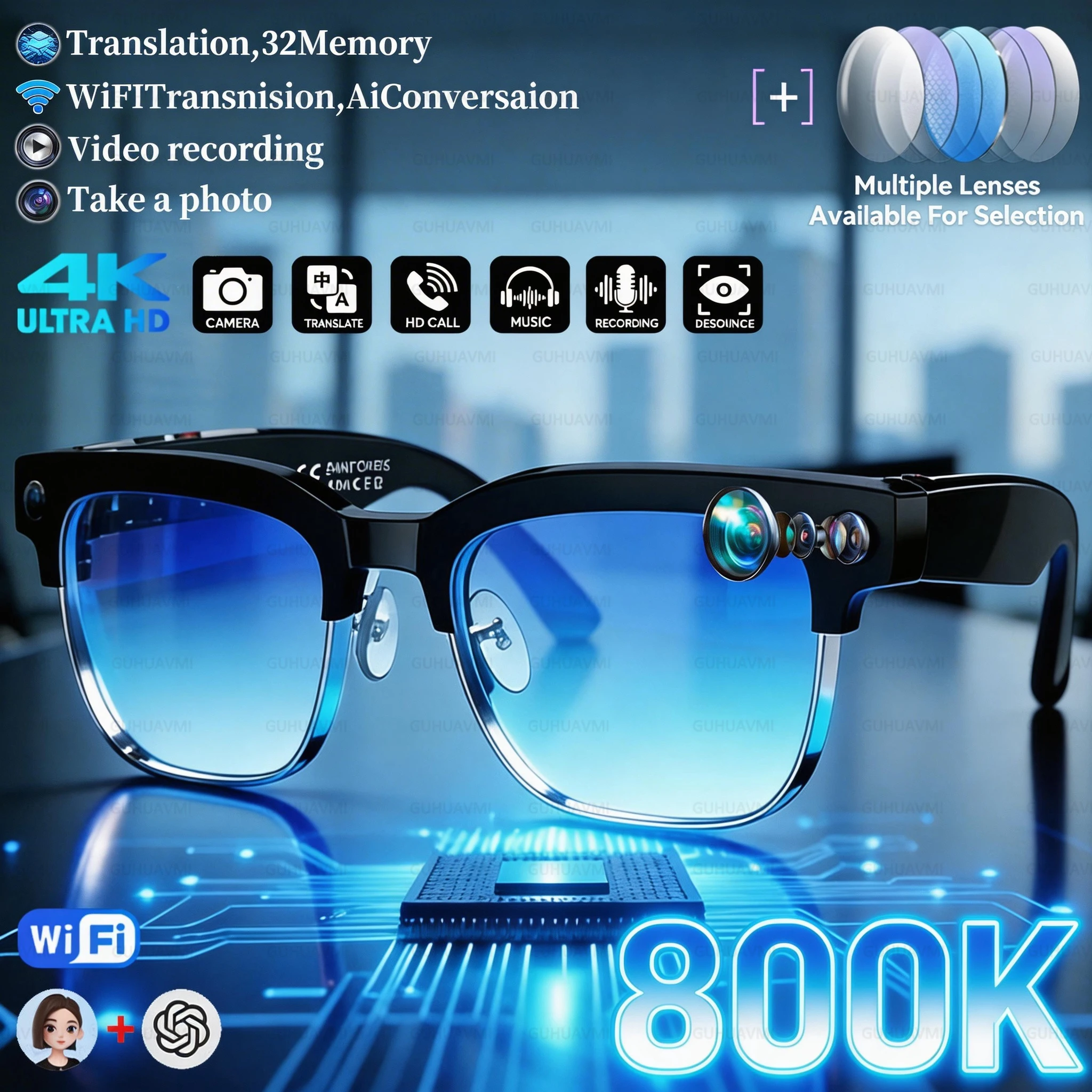 

Новые смарт-очки 2026 года с 4K Ultra HD, изменением цвета, Bluetooth-вызовами, AI-чатом, музыкальным плеером, камерой 800 МП, видео 1080P, AI-функциями для спорта, для мужчин