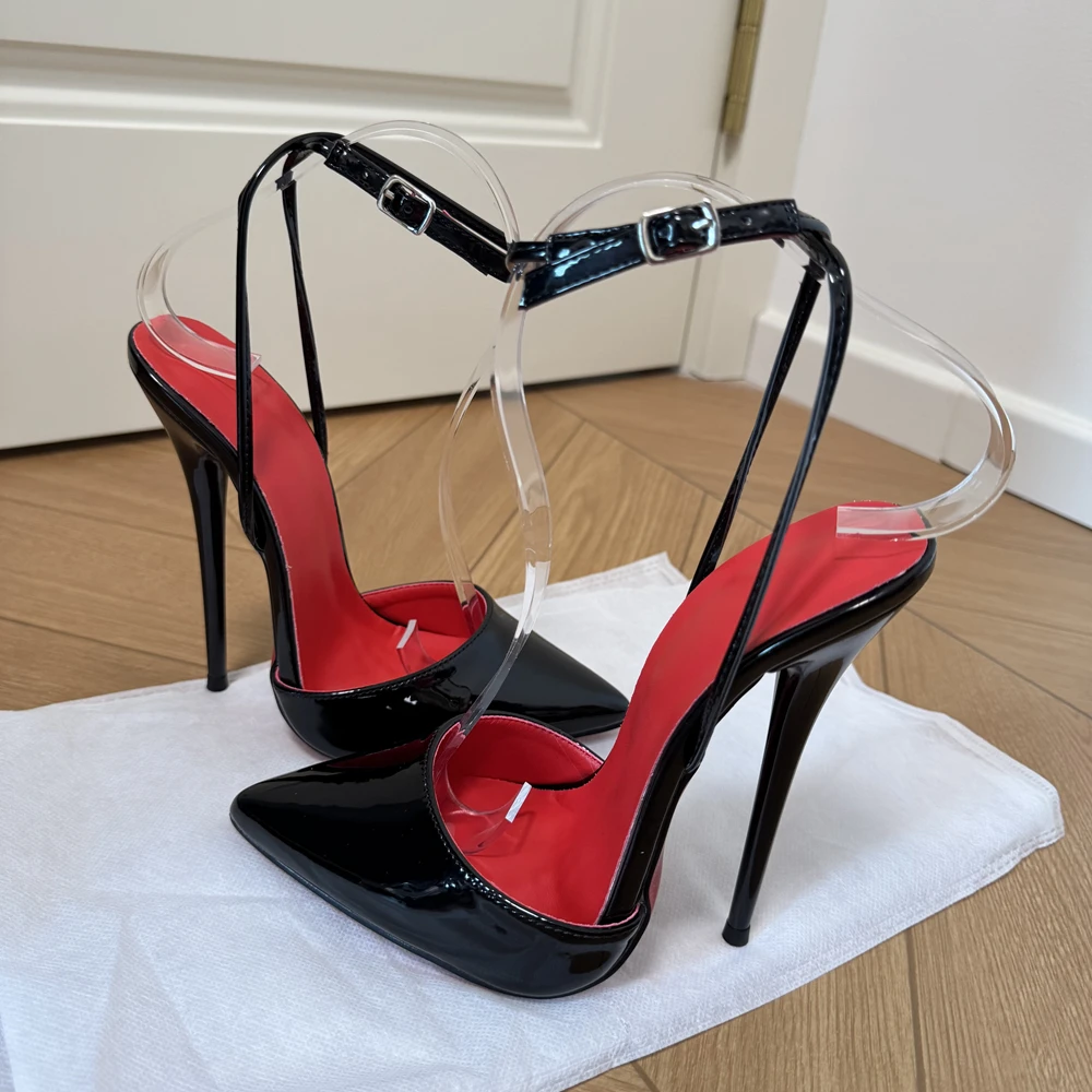 Black Summer Stiletto Sandals 14/16cm Ultra High Heel Pointed Toe Ankle Strap Women Pole Dance Party Cosplay Evening Dress Pump