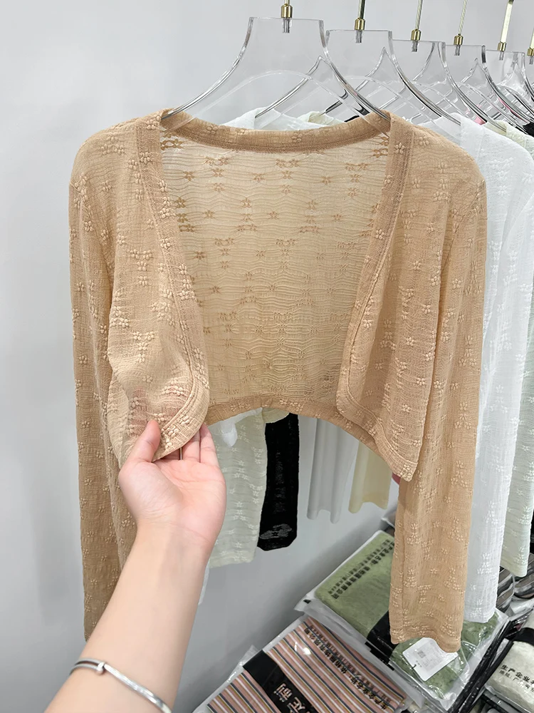 

Lightweight Sun Protection Lace Top with Shawl Collar Cardigan Outerwear Korean Style Loose Fit Long Sleeve Short Length