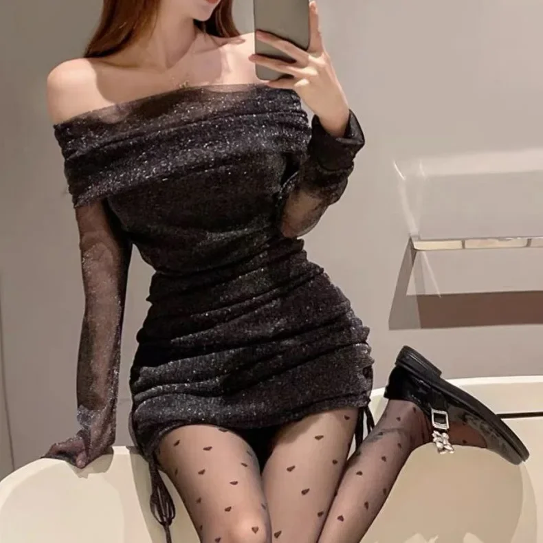 Sexy Off-Shoulder Strapless Dress For Women Early Autumn New Arrival Sensible Mesh Slimming Hip Covering Gown Dress