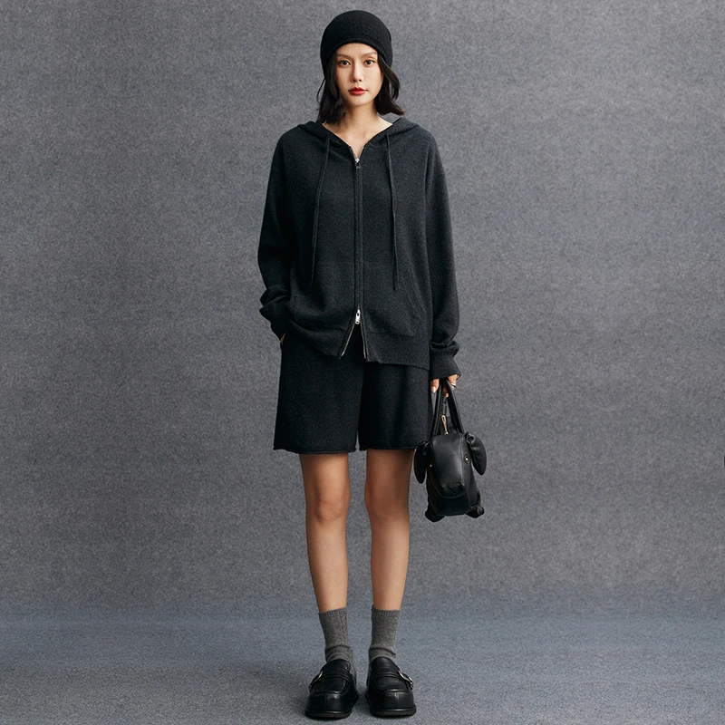 Women Cashmere Sweater Hoodie Shorts Set Thicken Autumn Winter 100% Cashmere Knitwear Raglan Sleeve Casual Basic Cardigan Shorts