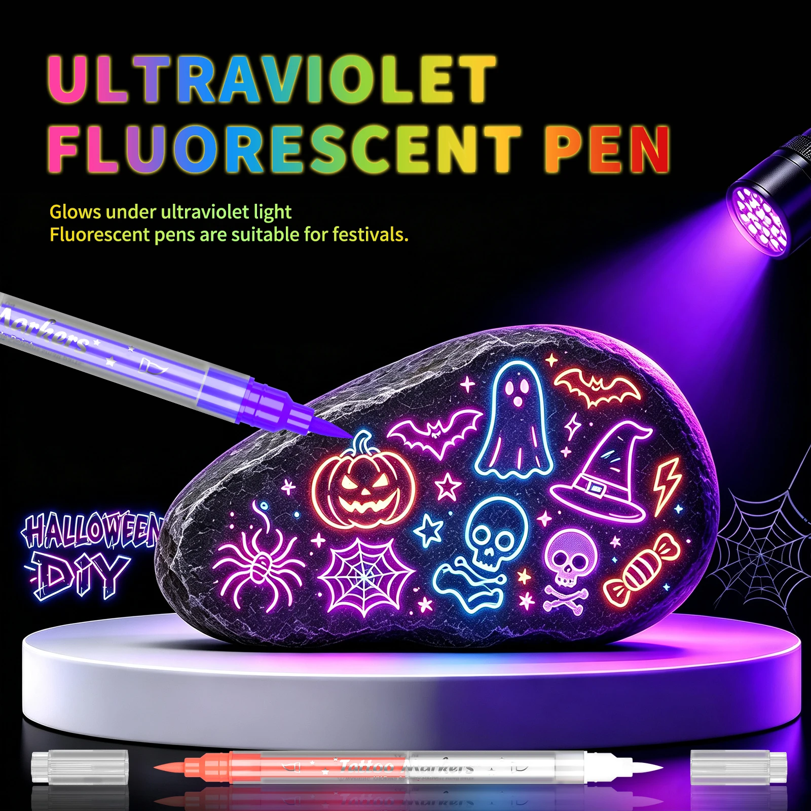 Multi-Specification Dual-Tip Uv Fluorescent Paint Pens, Glow-In-The-Dark Neon Graffiti Pens, Washable Quick-Dry Face Paint Pens, Halloween Christmas Music Festival Rave Party Stage Makeup Decoration Paint Markers, Dual