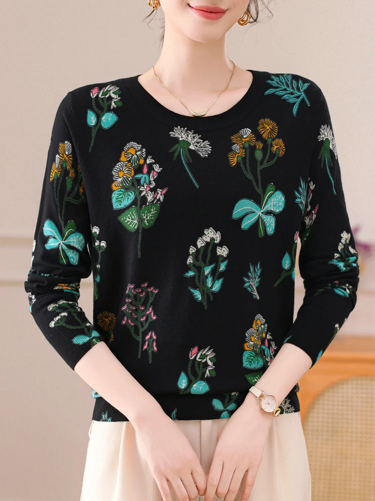 Floral Print Women\'s Sweaters Spring Autumn Thin Pullovers Long Sleeve Top Blusas Femme Soft O Neck Knitted Slim Sweater