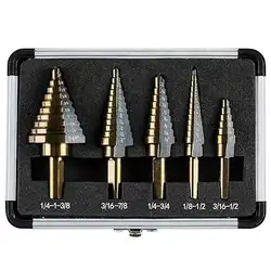 5Pcs Ladder Drill Inch Roasted Yellow Nitriding Drill Triangular Shank Straight Groove Pagoda Drill Step Drill Bit Aluminum Box