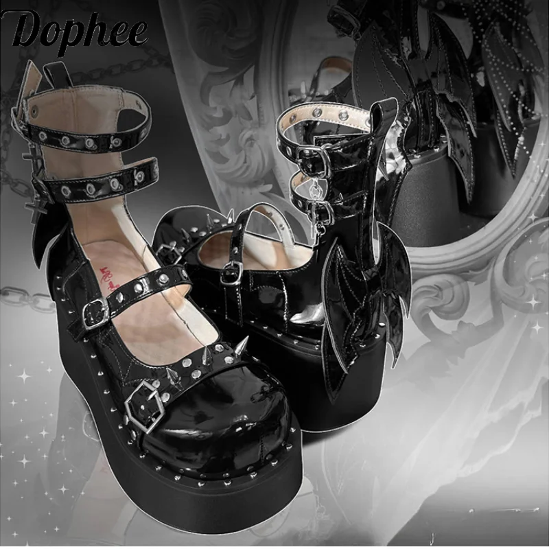 

Dophee Original Spice Girls Devil's Wings Y2k Thick Soled Shoes Punk Metal Rivets Round Toe Pumps Lolita Women High-heeled Shoes