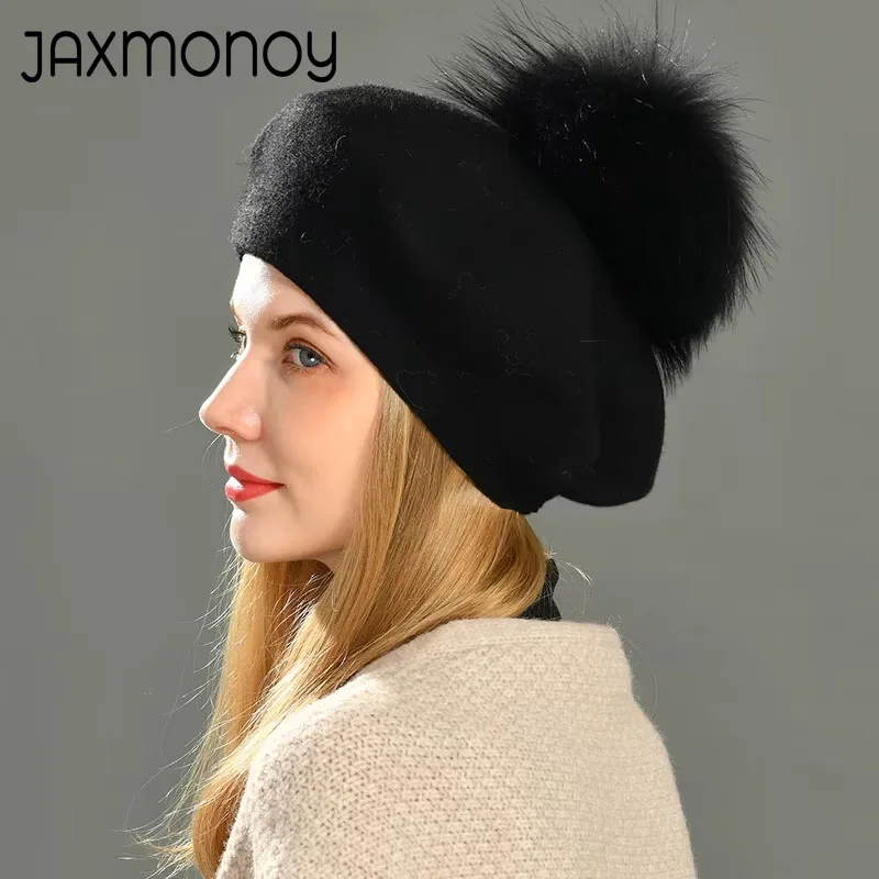 Béret d'hiver Jaxmonoy pour femme, béret en laine tricotée décontracté avec pompon en vraie fourrure de raton laveur, béret en cachemire Angora pour femme