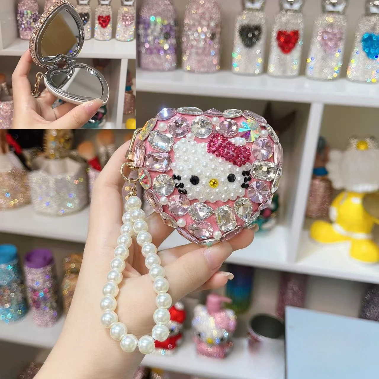 

Kawaii Hello Kitty Mirror Cartoon Diamond Heart Mirror with Pearl Bracelet Accessories for Women Birthday Gift for Women Girls