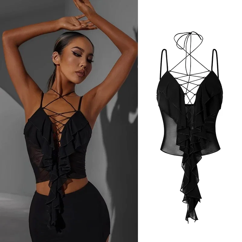 

Fairy Ruffle Latin Dance Tops Black Sexy Vest Women Rumba Dance Costume Adult Summer Latin Practice Clothing Salsa Tops DNV17997